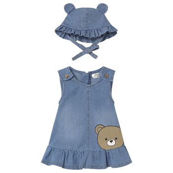 Baby Girls Blue Chambray Bear Dress & Hat Set