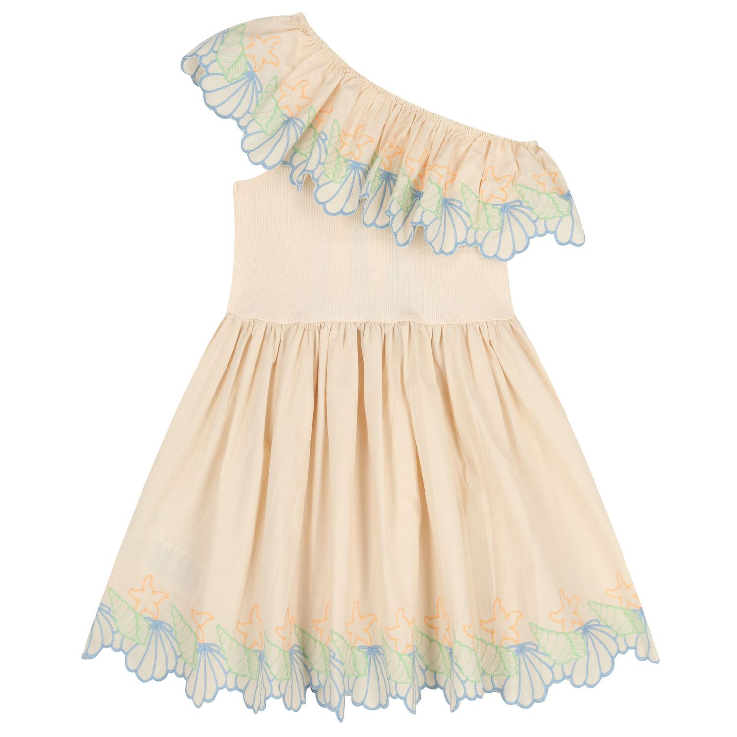 Girls Beige Shell Ruffle Dress, 1, hi-res