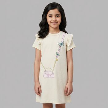 Younger Girls Ivory Bag Logo Dress