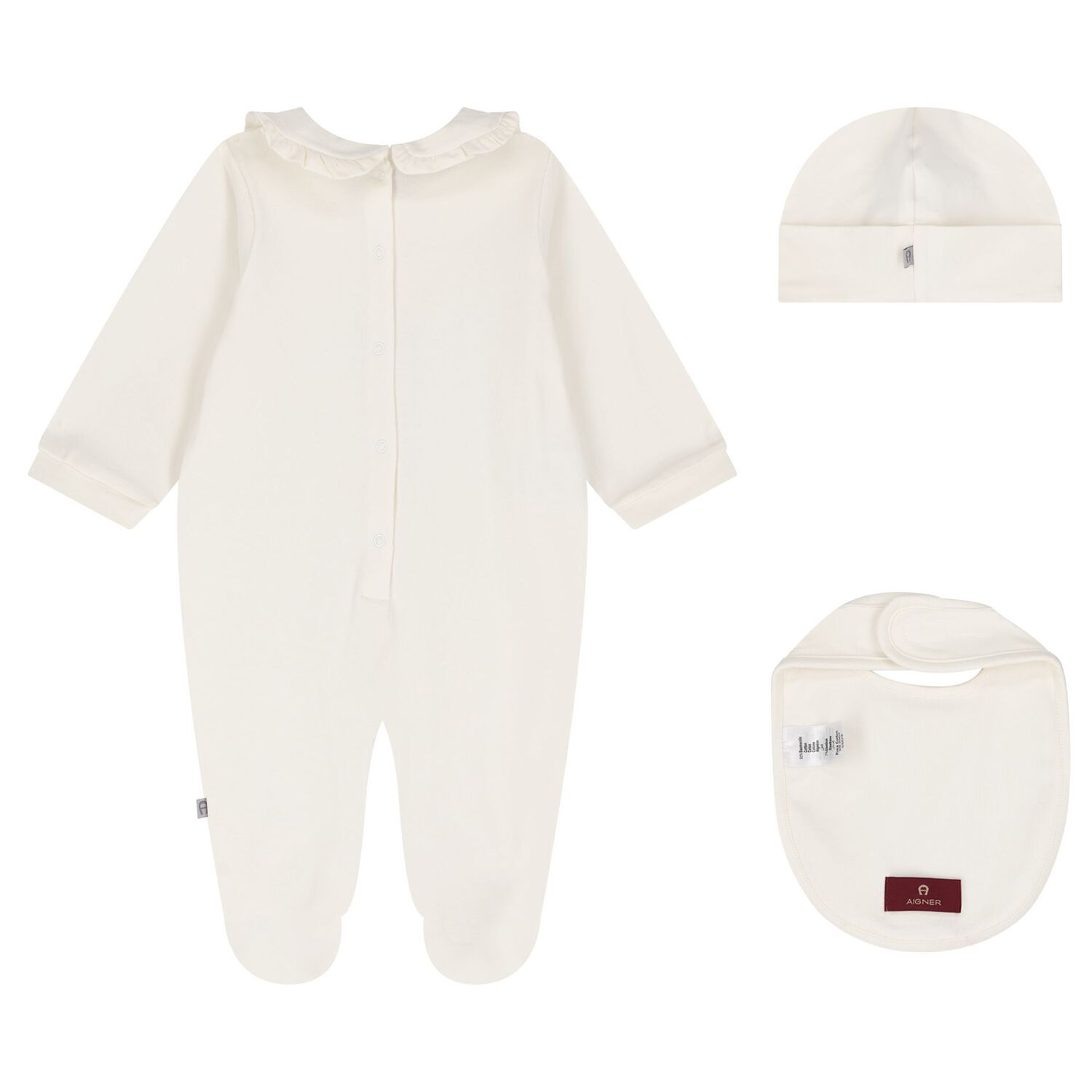 Baby Girls Ivory & Gold Logo Babygrow, Hat & Bib Gift Set, 1, hi-res image number null