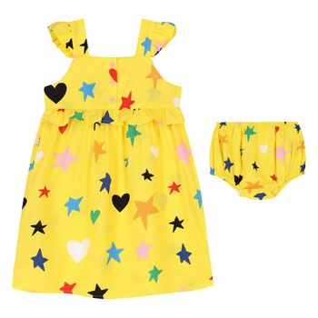 Younger Girls Yellow Cotton Star Print Dress Set