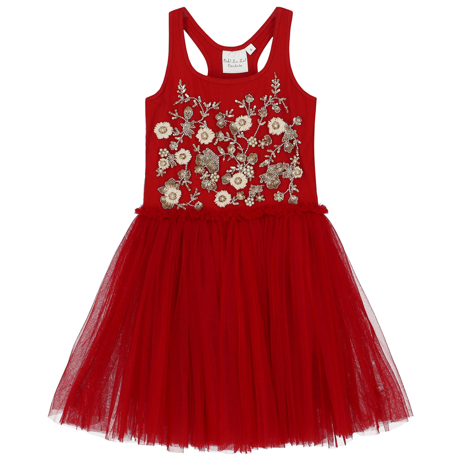 Girls Red Embellished Tulle Dress, 1, hi-res