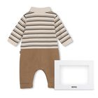 Baby Boys Beige Logo Striped Romper , 1, hi-res