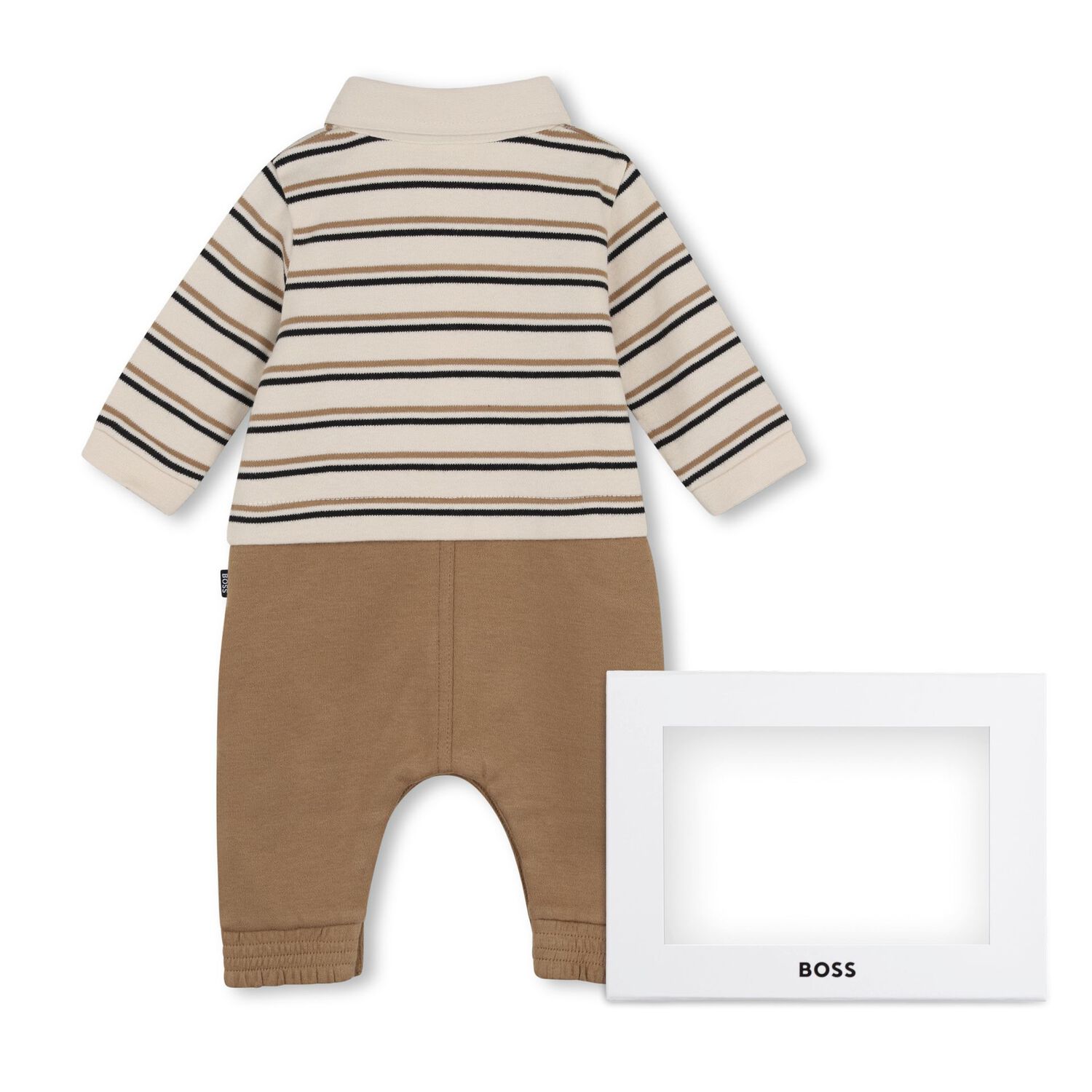 Baby Boys Beige Logo Striped Romper , 1, hi-res