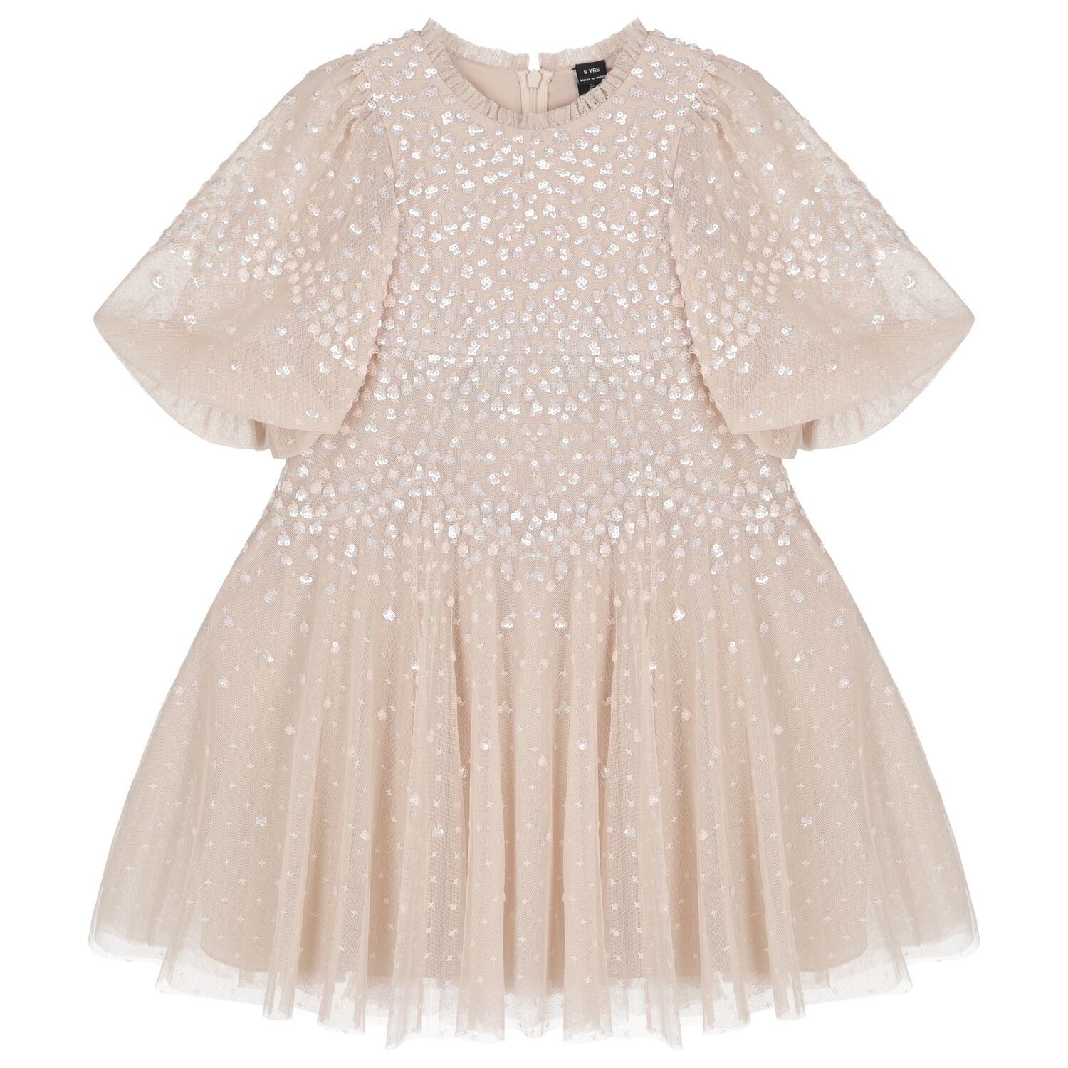 Girls Beige Sequin Tulle Dress , 1, hi-res