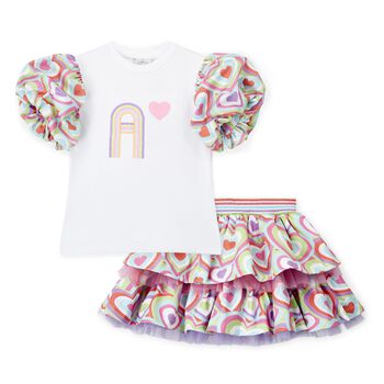 Girls Pink Cotton Sequin & Heart Skirt Set