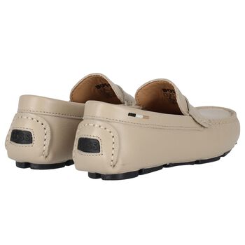 Boys Beige Logo Moccasins