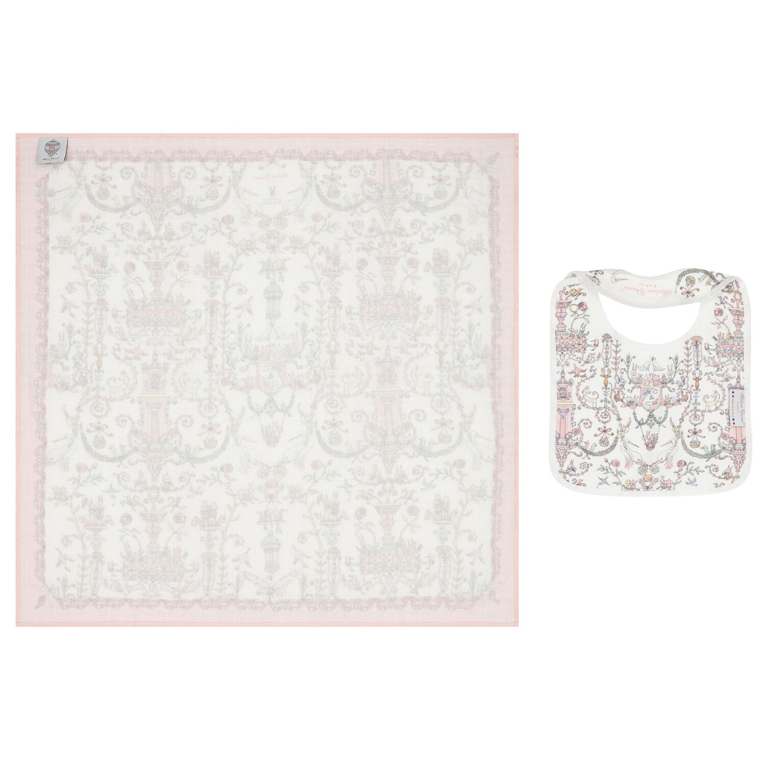 Baby Girls White & Pink Toile de Jouy Carré Swaddle & Bib Gift Set, 1, hi-res image number null