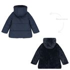 Girls Navy Blue Reversible Faux Fur Jacket, 1, hi-res