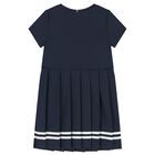 Girls Navy Blue Logo Pleated Dress, 1, hi-res