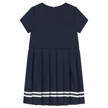 Girls Navy Blue Logo Pleated Dress