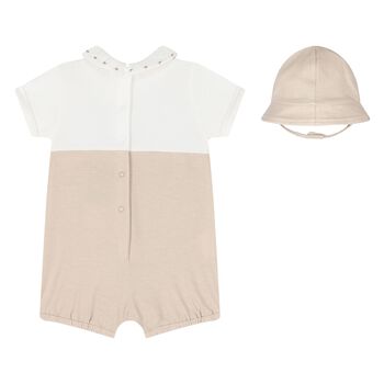 Baby Boys Beige & White Dungaree & Hat Set