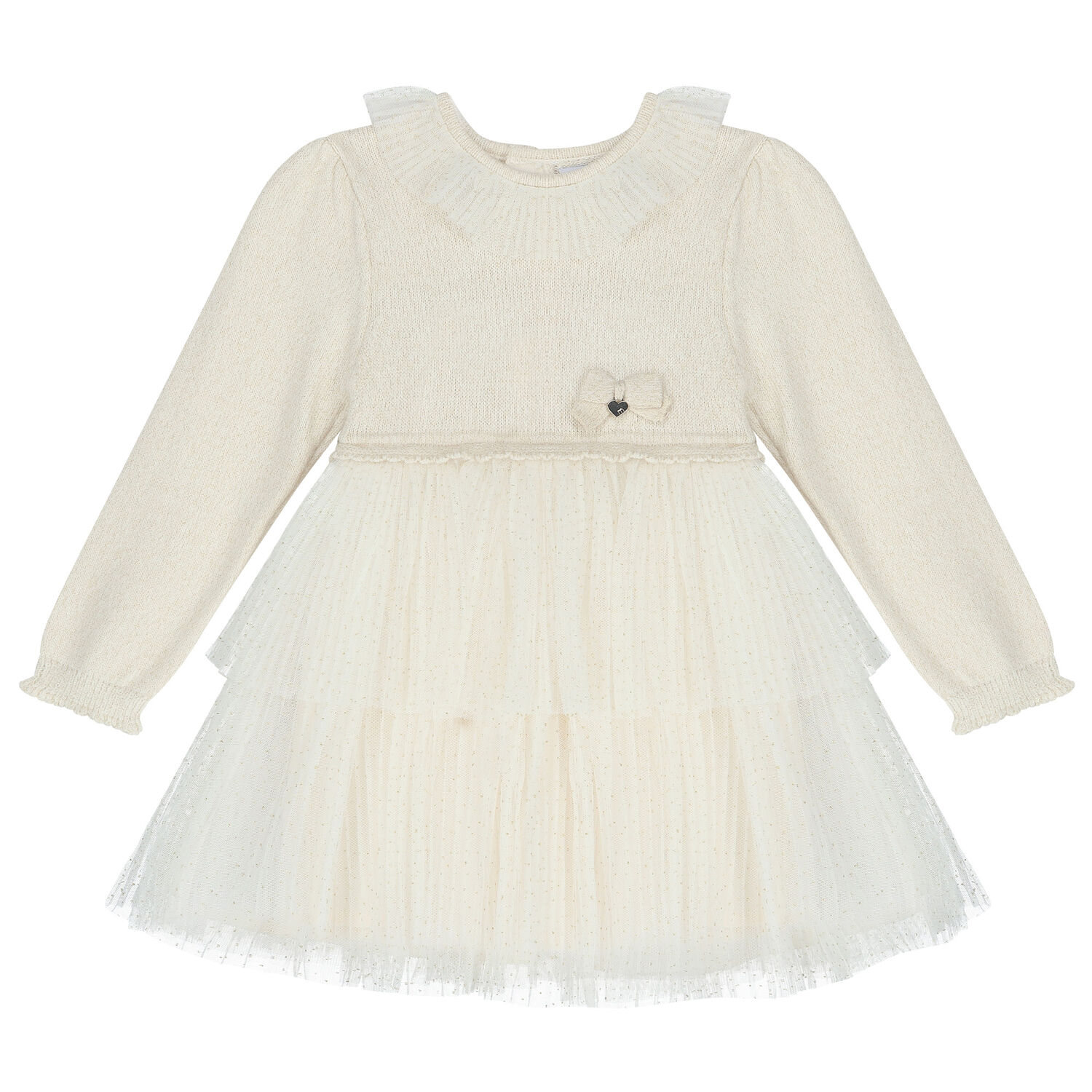 Younger Girls Ivory Knitted & Tulle Dress , 1, hi-res