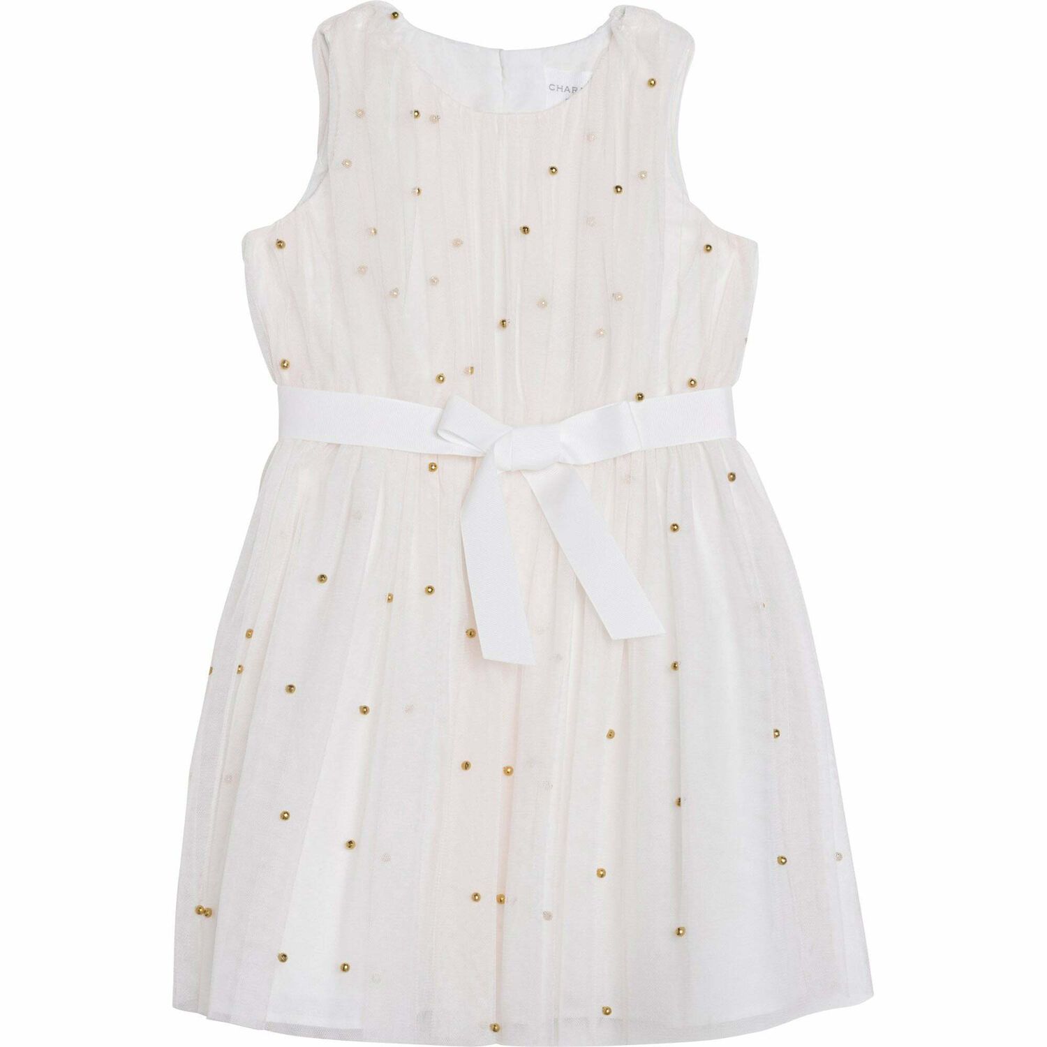 Girls Ivory & Gold Beaded Dress, 1, hi-res