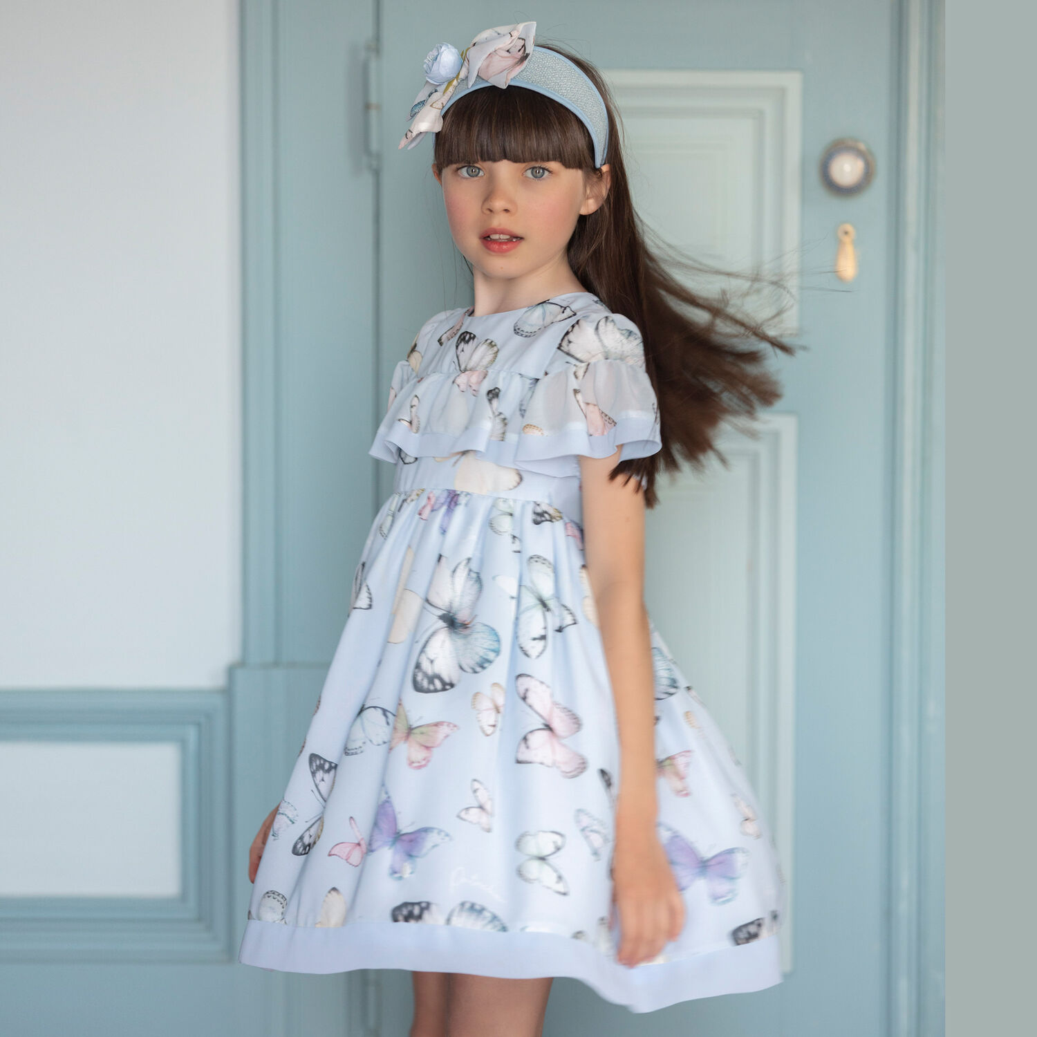 Girls Blue Butterfly Chiffon Dress, 1, hi-res