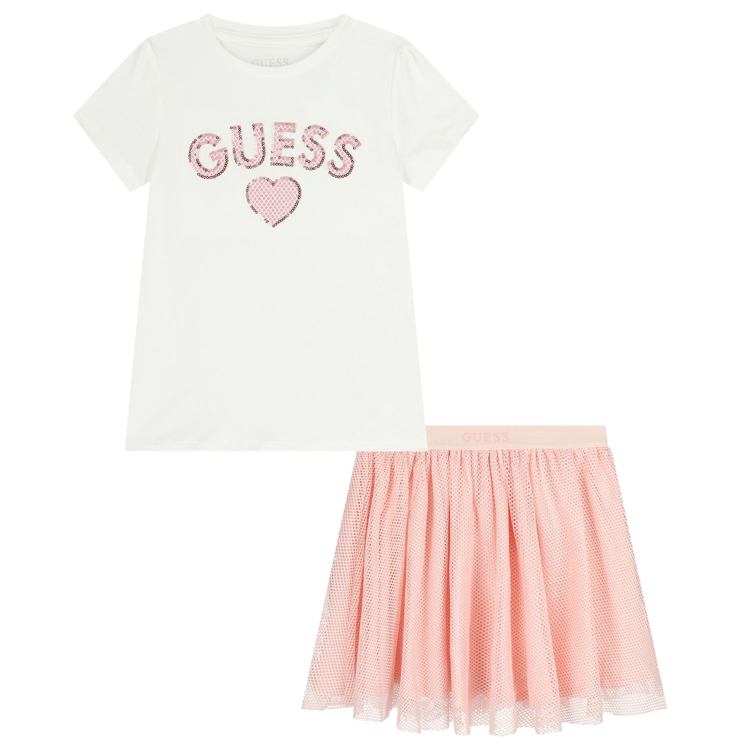 Girls White & Pink Logo Mesh Skirt Set , 1, hi-res