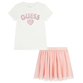 Girls White & Pink Logo Mesh Skirt Set 