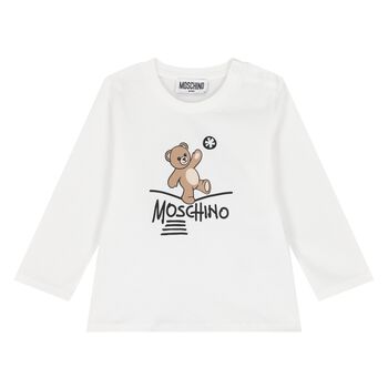 Younger White Teddy Bear Logo Long Sleeve Top