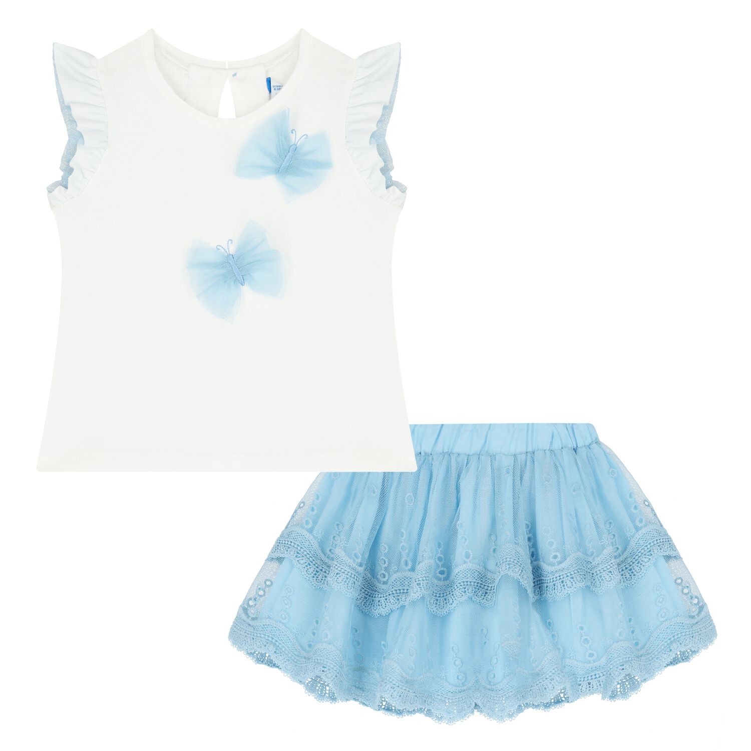 Younger Girls White & Blue Tulle Skirt Set, 2, hi-res
