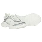 White & Silver Logo Trainers, 1, hi-res