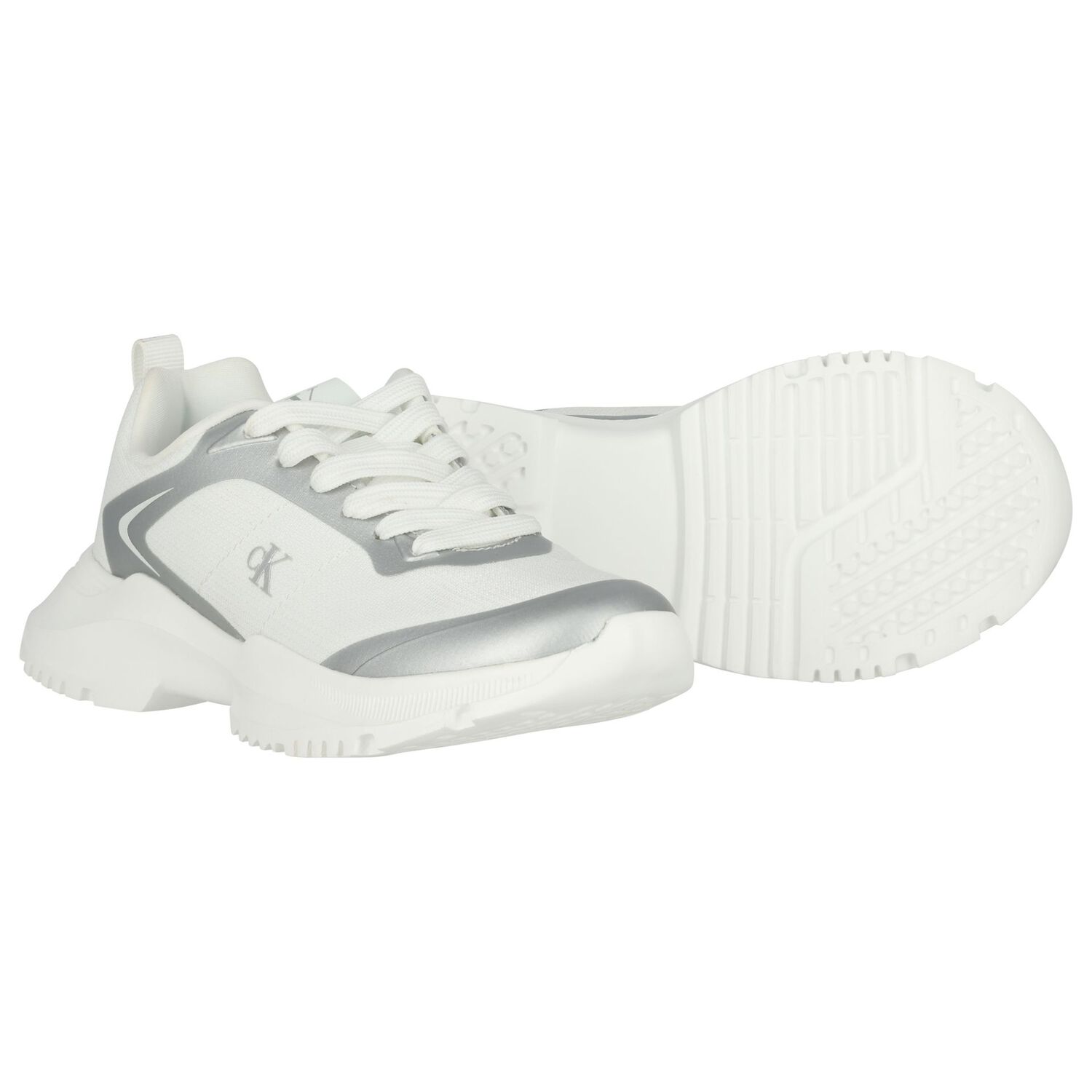 White & Silver Logo Trainers, 1, hi-res