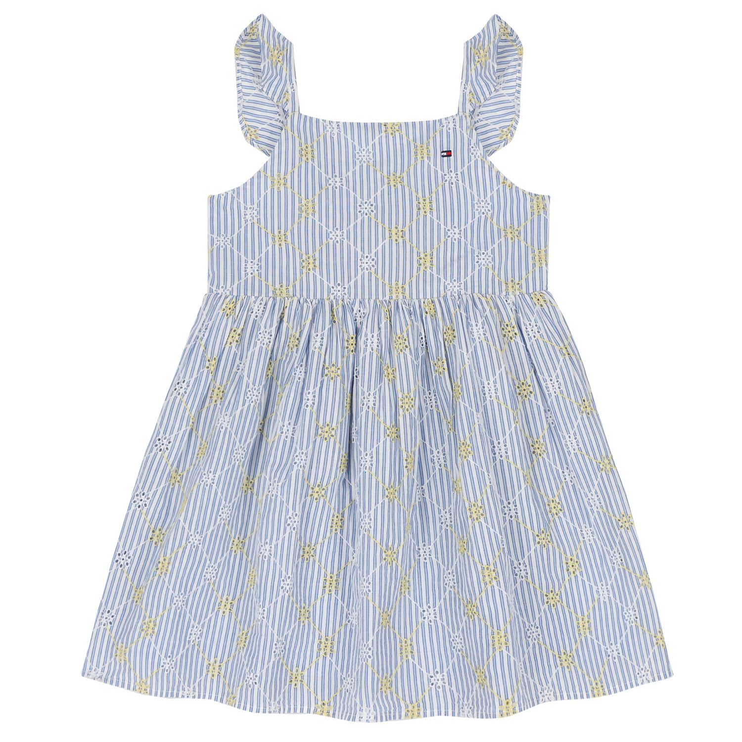 Girls Blue Striped Broderie Cotton Dress, 1, hi-res