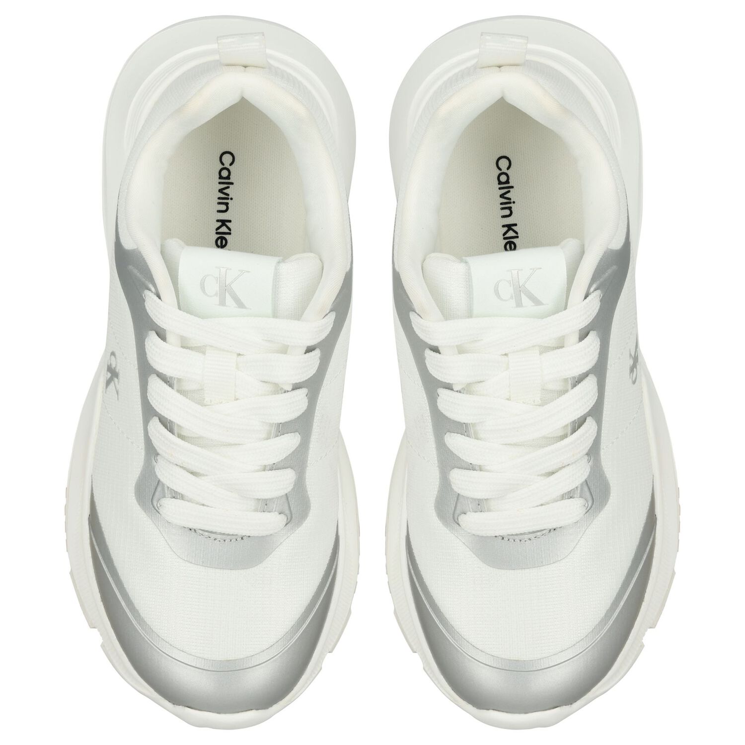 White & Silver Logo Trainers, 1, hi-res