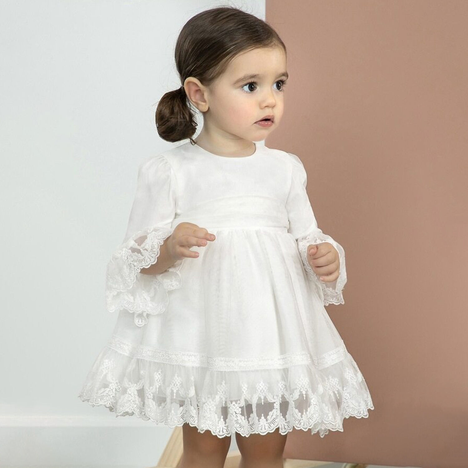 Younger Girls Ivory Embroidered Tulle Dress, 1, hi-res image number null