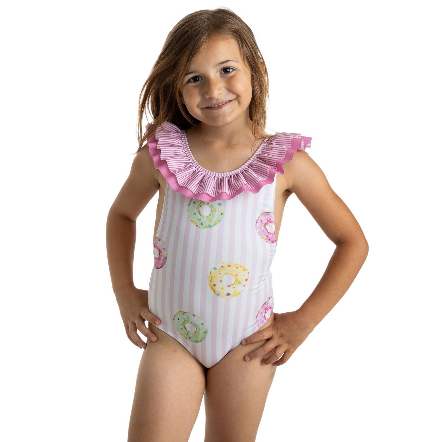 Girls White & Pink Striped Donuts Swimsuit, 1, hi-res