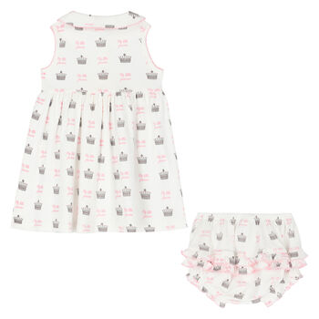 Younger Girls Ivory & Pink Crown Dress Set