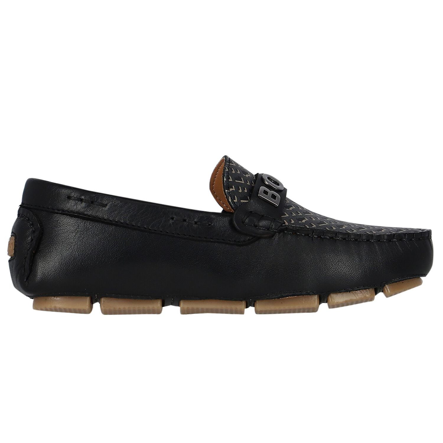 Boys Black Leather Monogram Moccasins, 1, hi-res