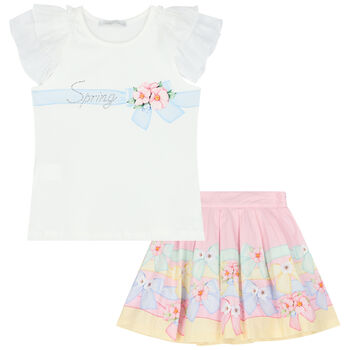 Girls Ivory & Pink Floral Skirt Set