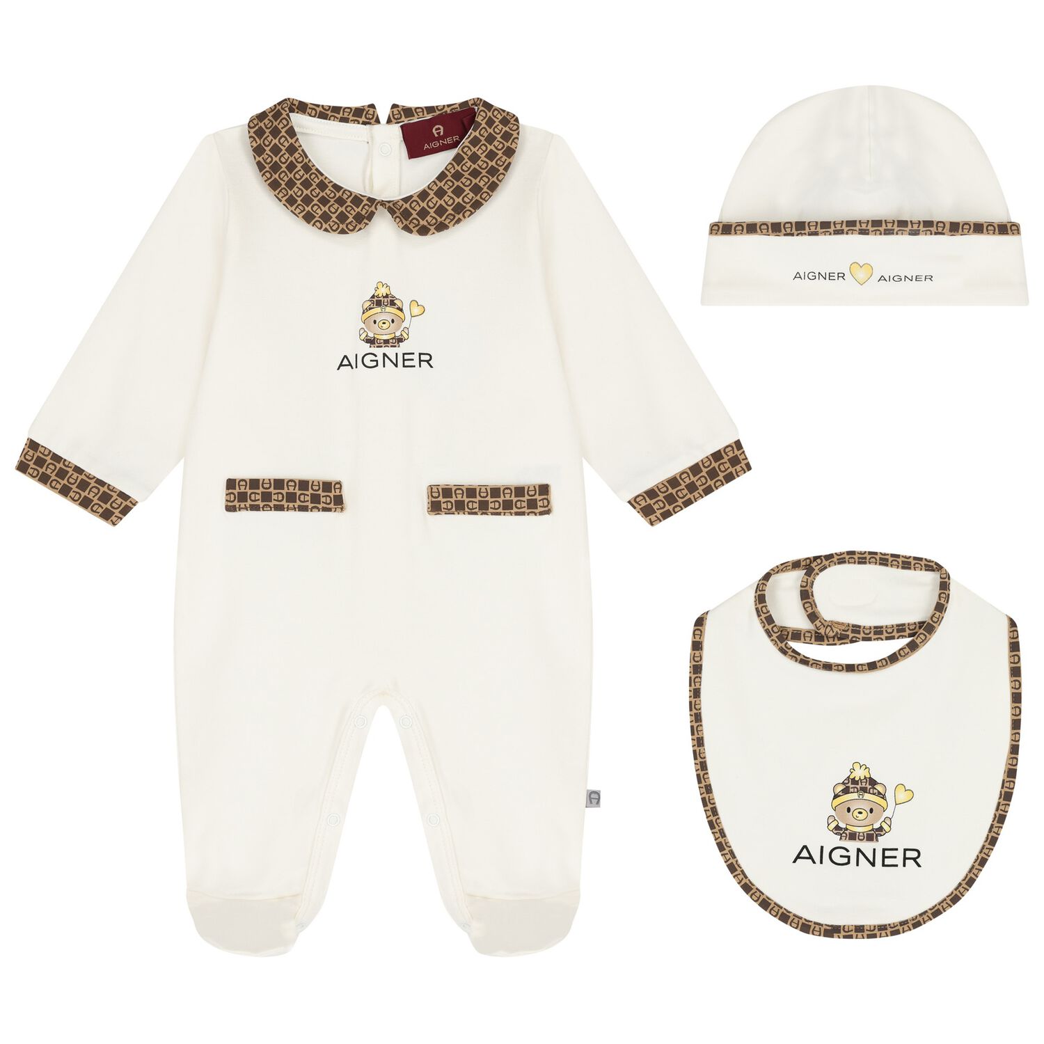 Ivory Teddy Bear Logo Babygrow Set, 1, hi-res