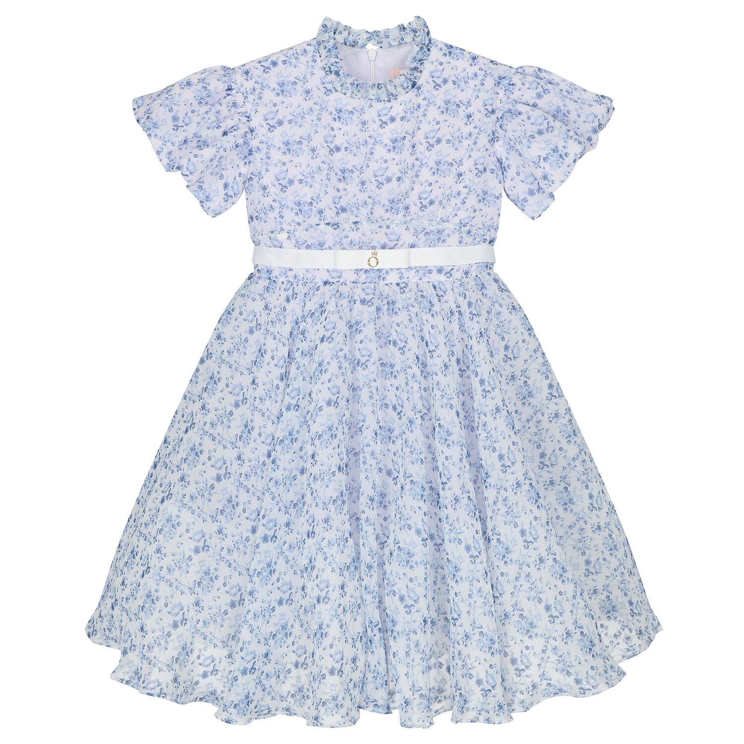 Girls Blue Floral Belted Dress, 2, hi-res