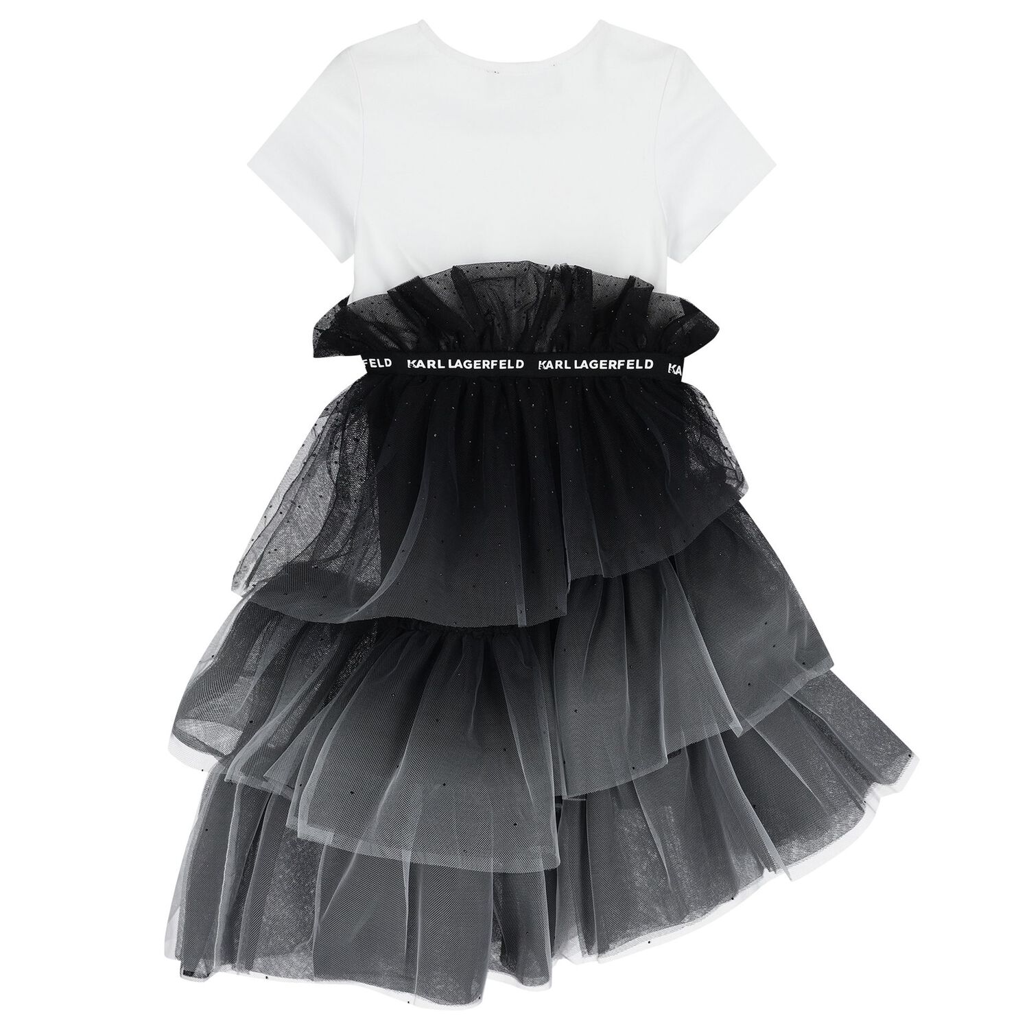 Girls White & Black Tulle T-Shirt Dress, 1, hi-res