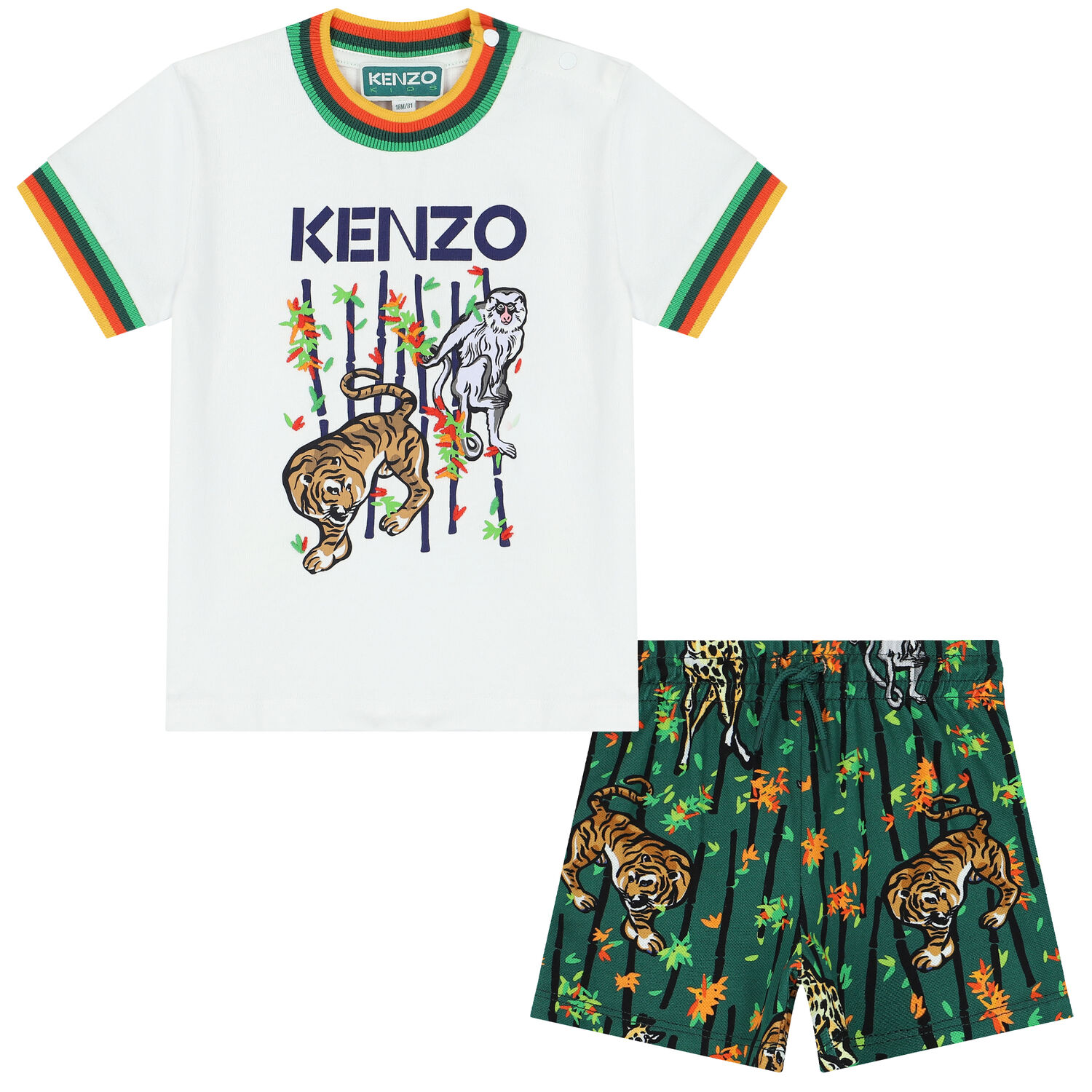 Younger Boys White & Green Logo Shorts Set, 1, hi-res