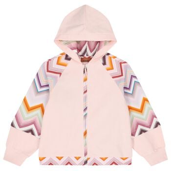 Girls Pink Zig Zag Hooded Zip Up Top