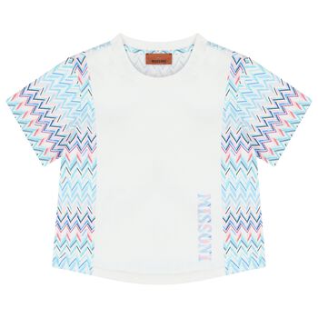 Girls White & Blue Logo Zig Zag T-Shirt