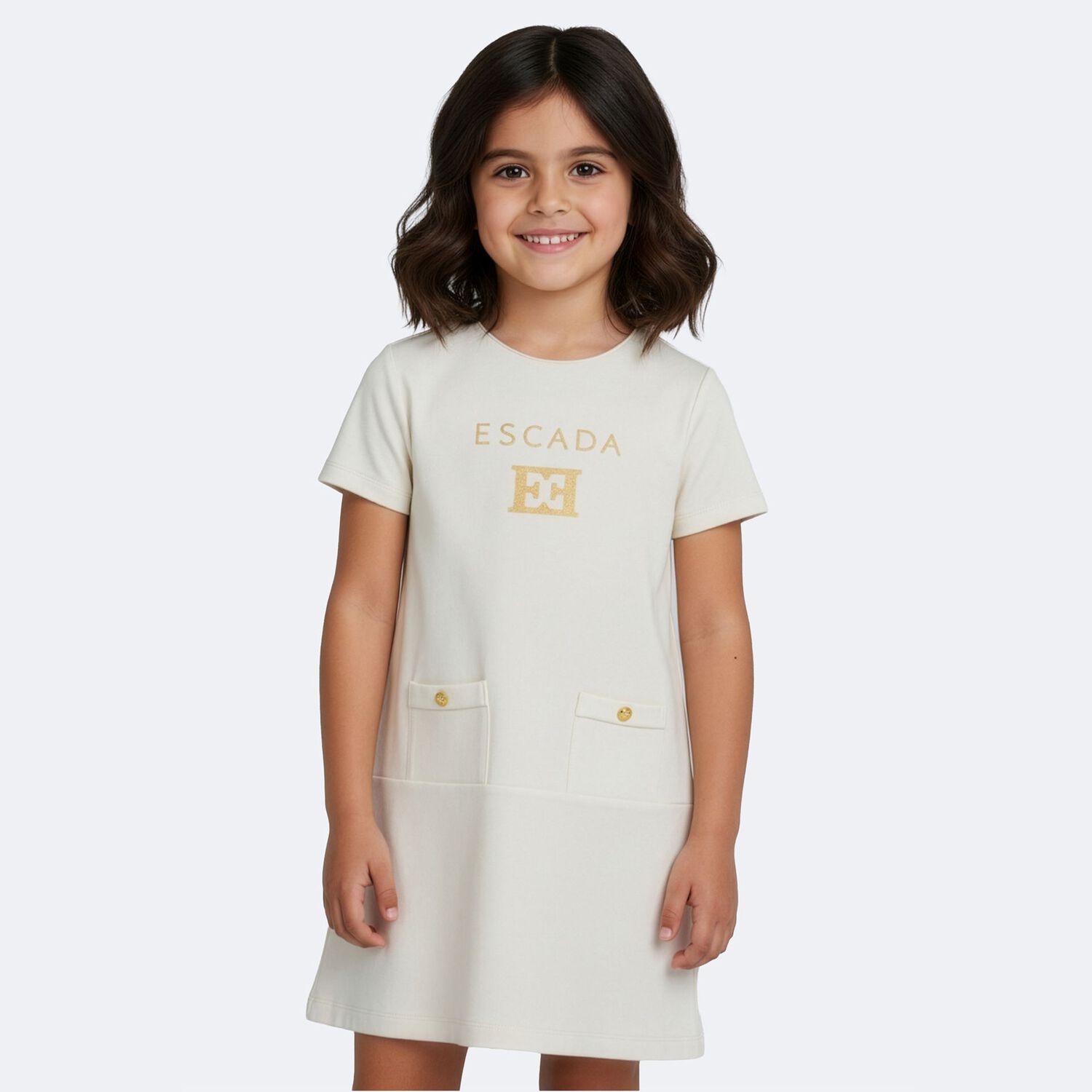Girls Ivory & Gold Logo Dress, 1, hi-res