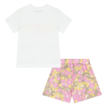 Younger Girls White & Pink Logo Shorts Set