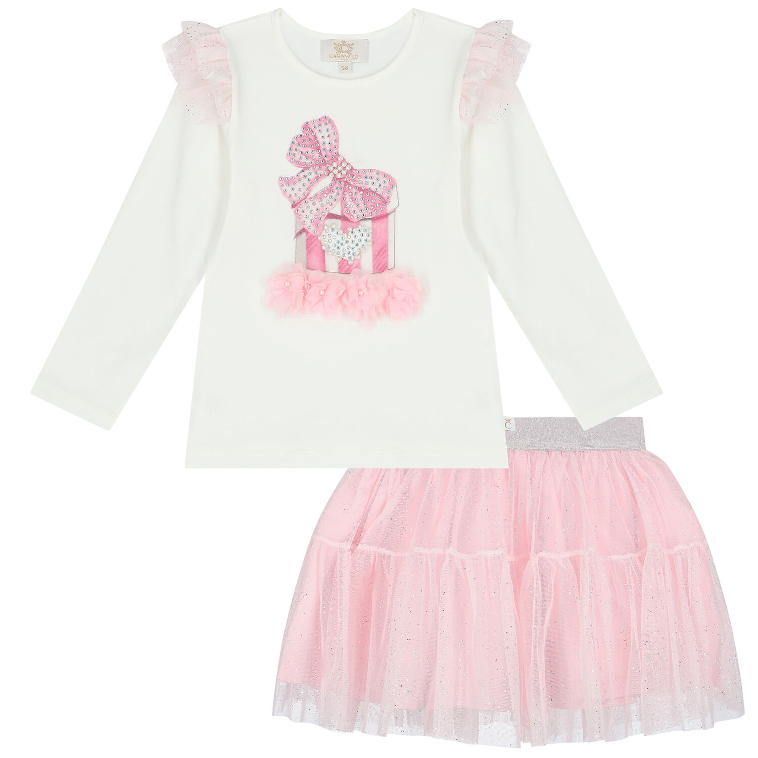 Girls Ivory & Pink Tulle Skirt Set, 1, hi-res
