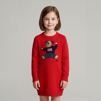 Girls Red Polo Bear Knitted Sweatshirt Dress