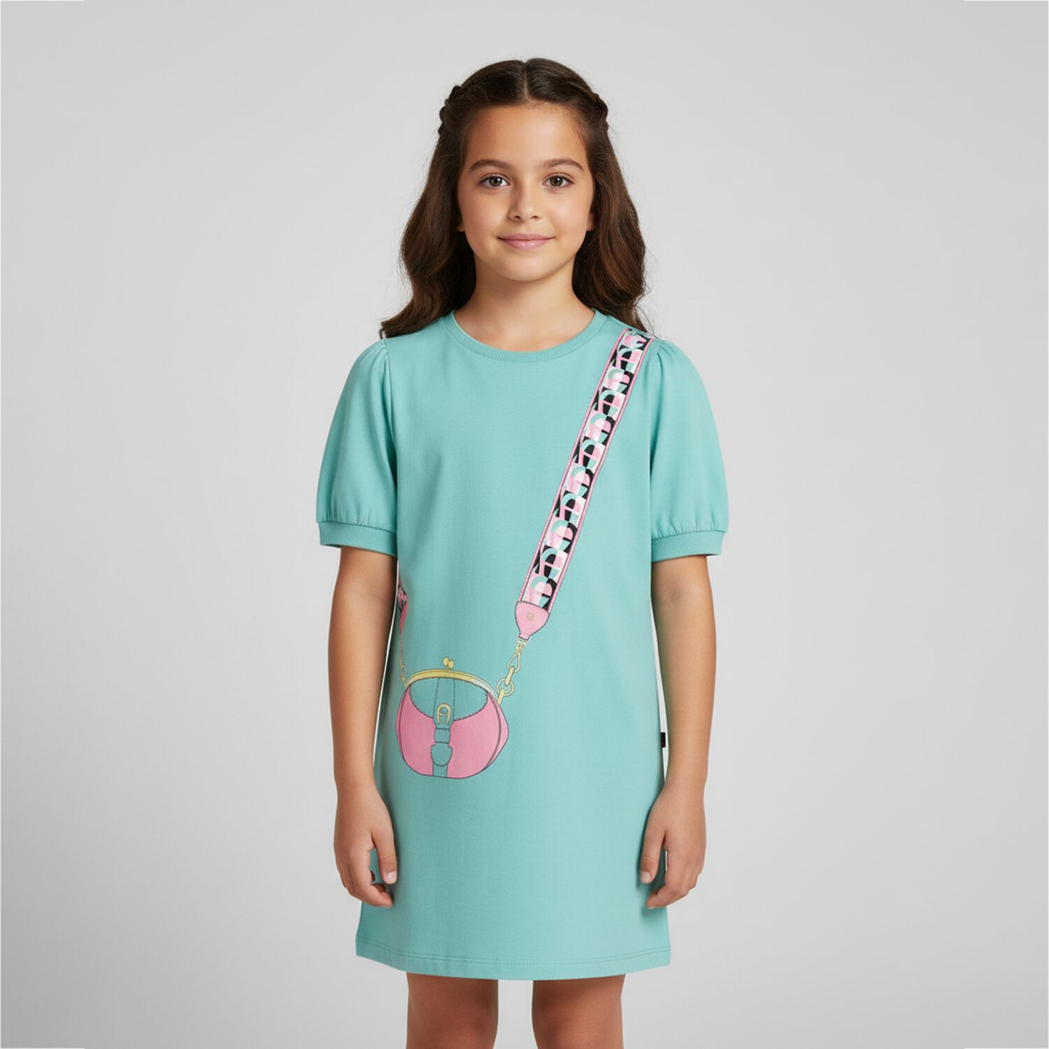 Girls Green Logo Bag Dress, 1, hi-res