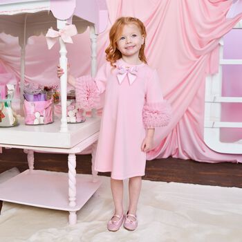 Girls Pink Bow Tulle Ruffle Meryl Dress