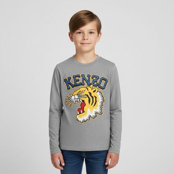 Boys Grey Tiger Logo Long Sleeve Top