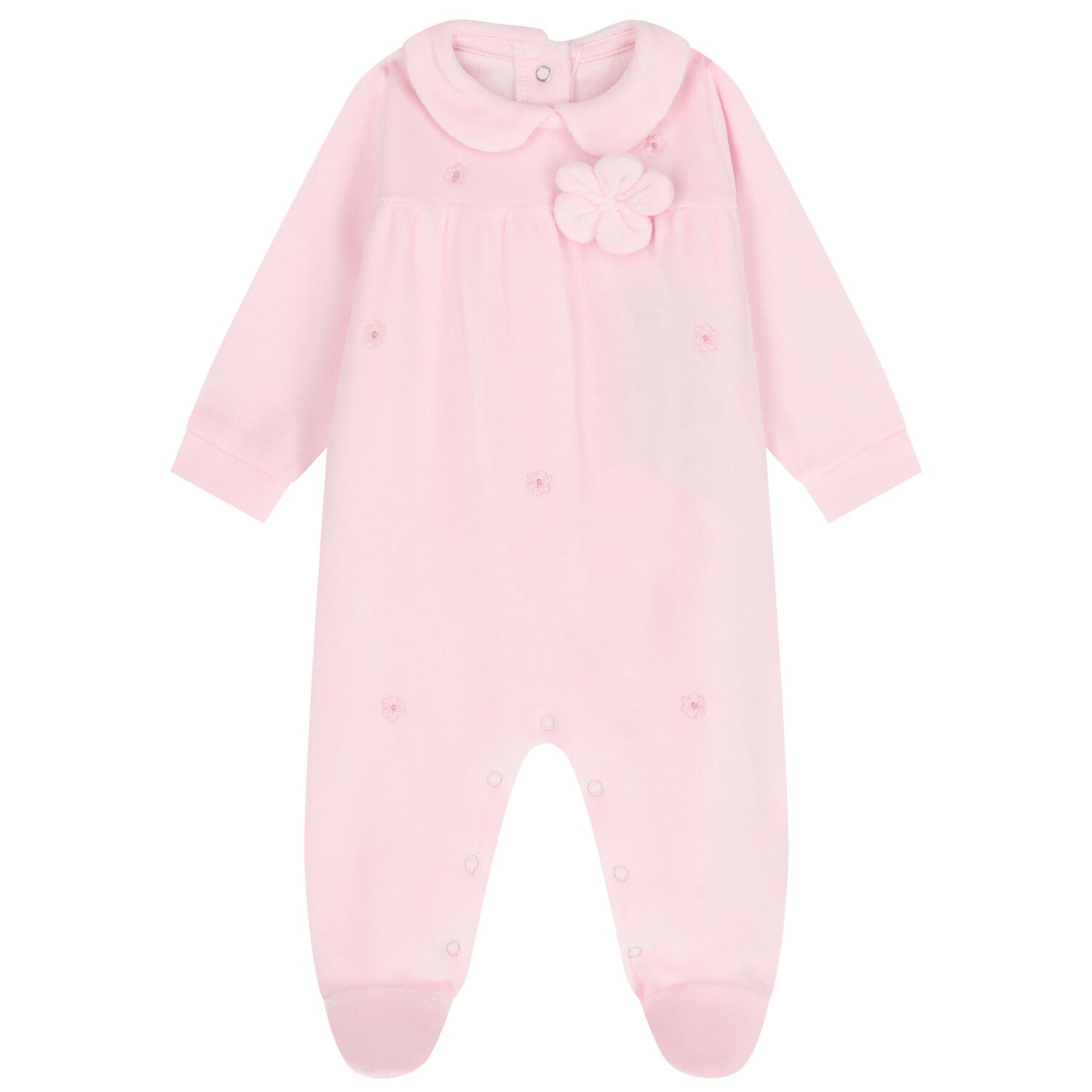Baby Girls Pink Flower Velour Babygrow, 1, hi-res