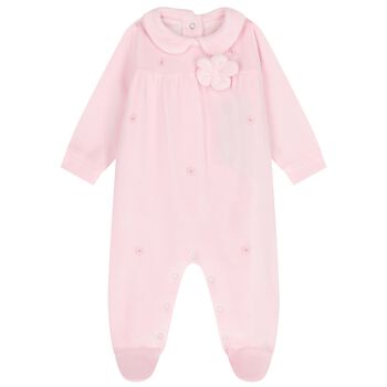 Baby Girls Pink Flower Velour Babygrow