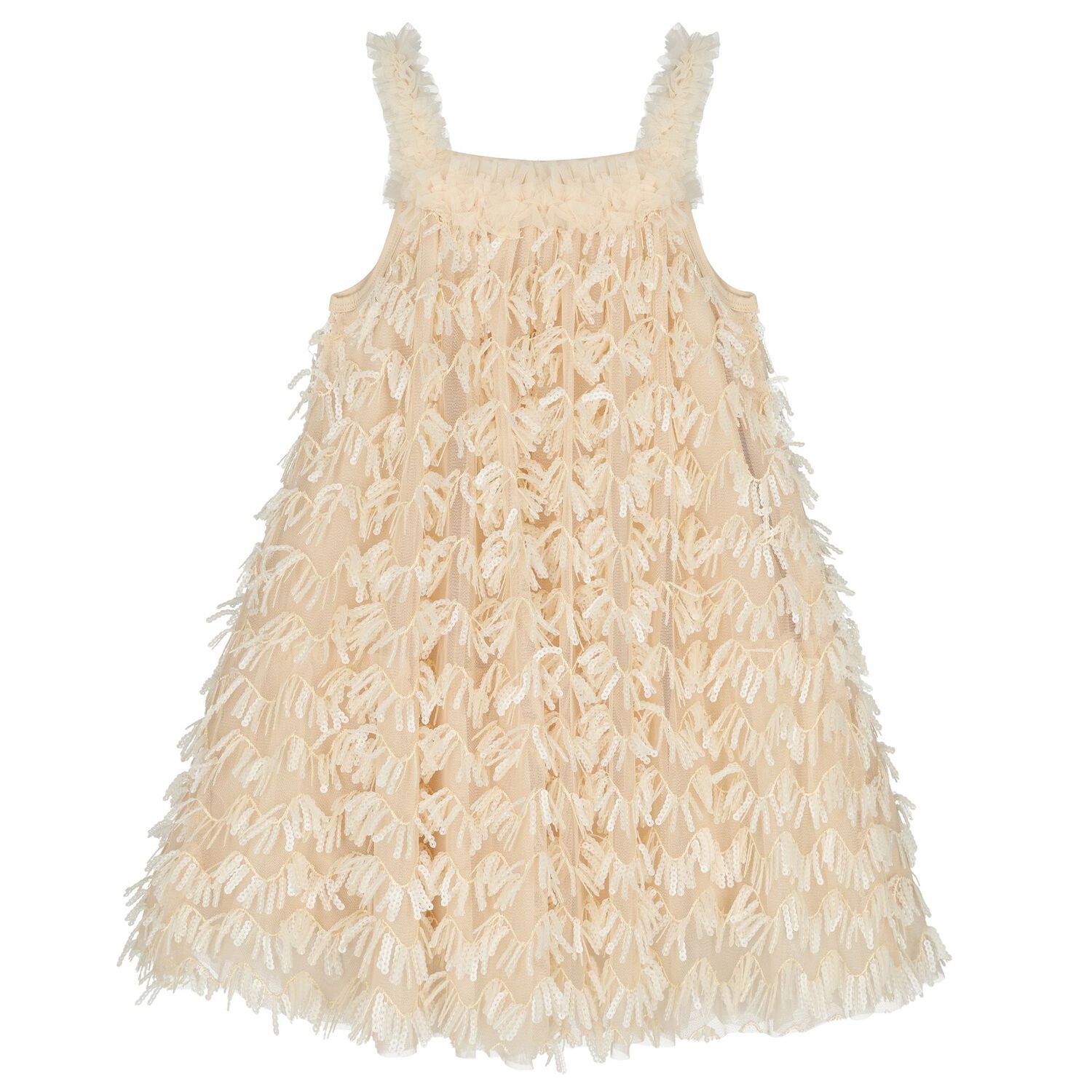 Girls Beige Sequin Tulle Dress, 1, hi-res