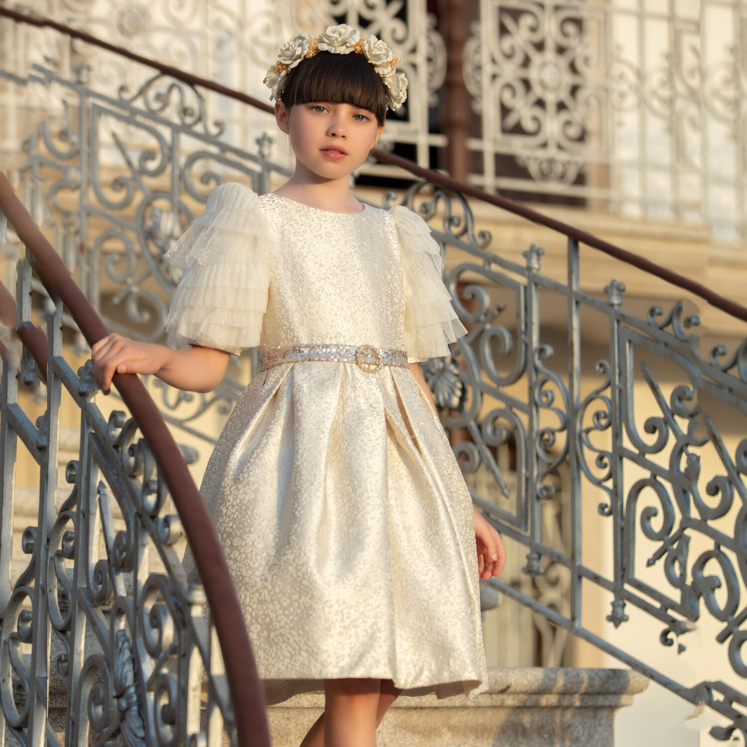 Girls Ivory & Silver Embellished Dress, 1, hi-res