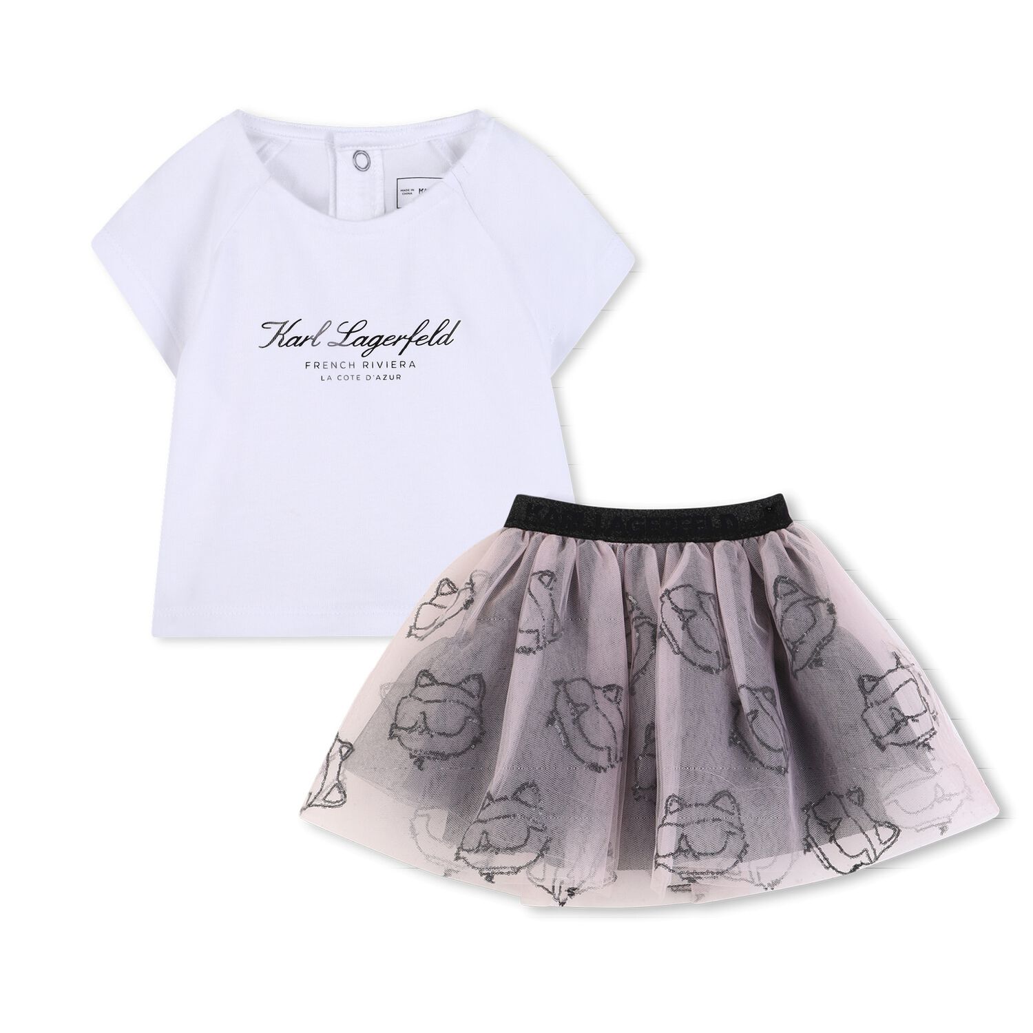 Girls White & Pink Tulle Choupette Skirt Set, 1, hi-res